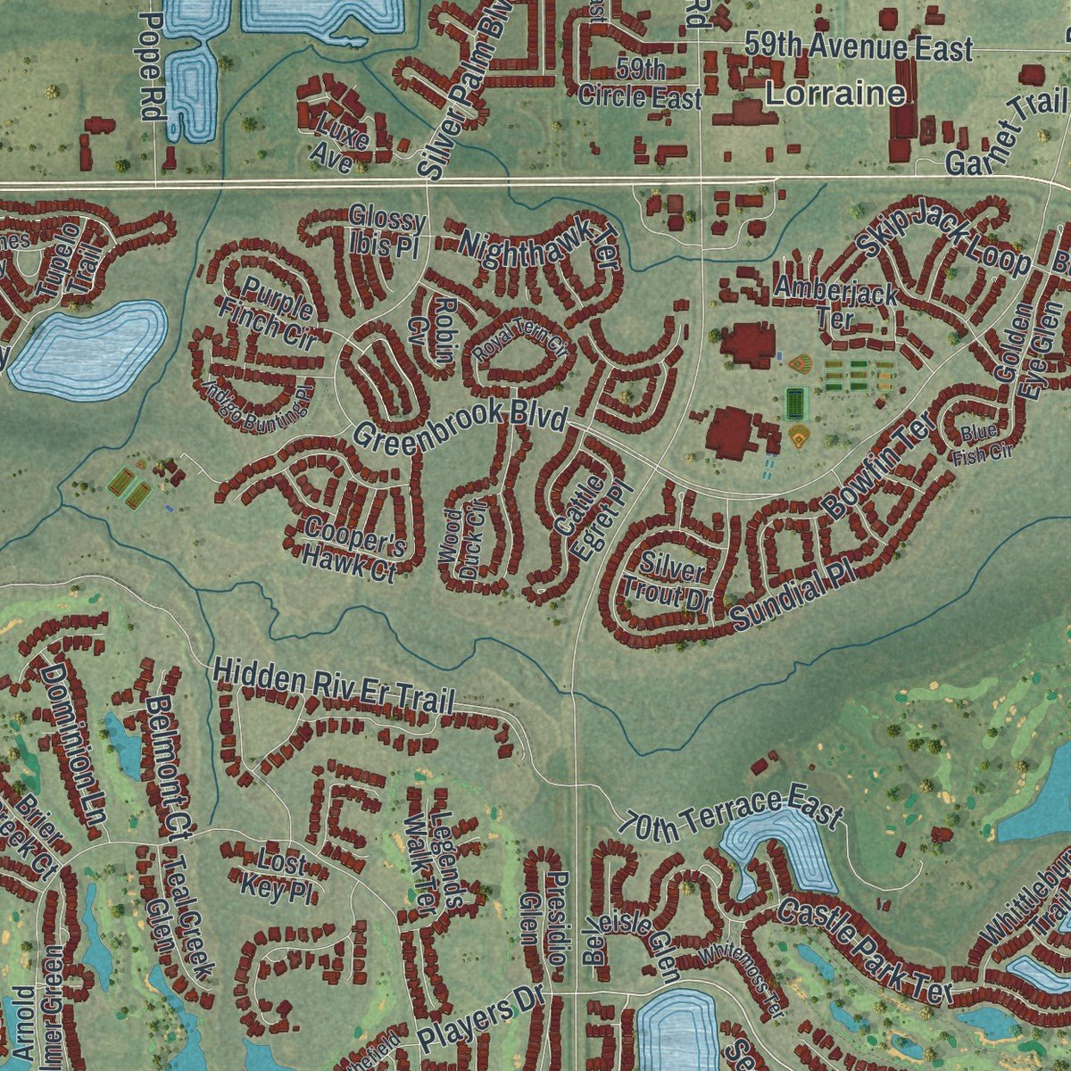 Close-up of the map of Lakewood Ranch, Florida print showing street and building detail