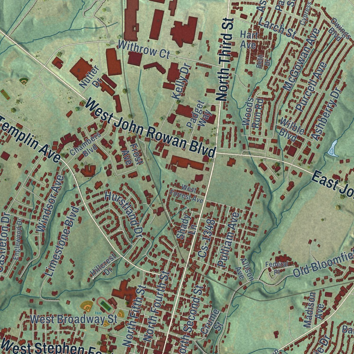 Close-up of the map of Bardstown, Kentucky print showing street and building detail