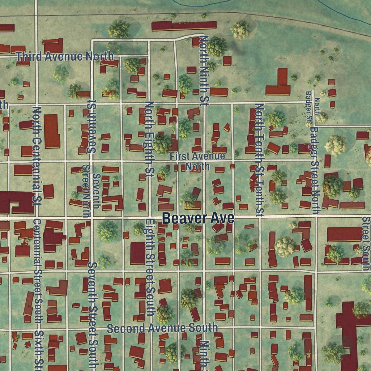 Close-up of the map of Wishek, North Dakota print showing street and building detail