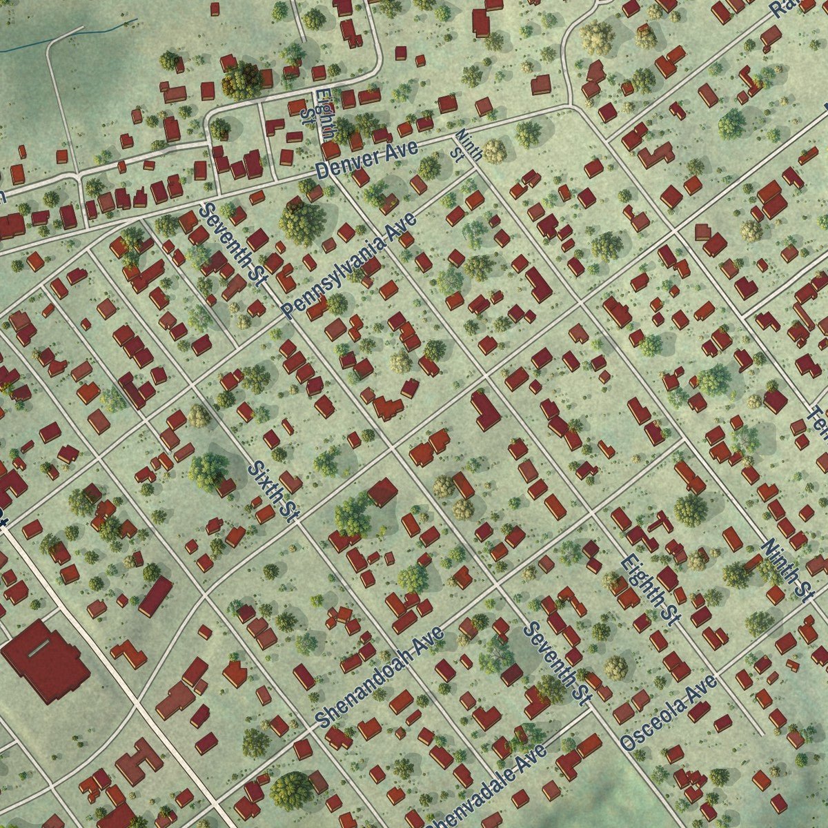 Close-up of the map of Shenandoah, Virginia print showing street and building detail