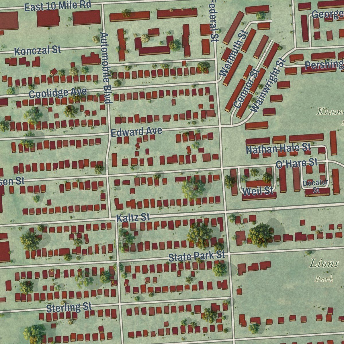 Close-up of the map of Center Line, Michigan print showing street and building detail