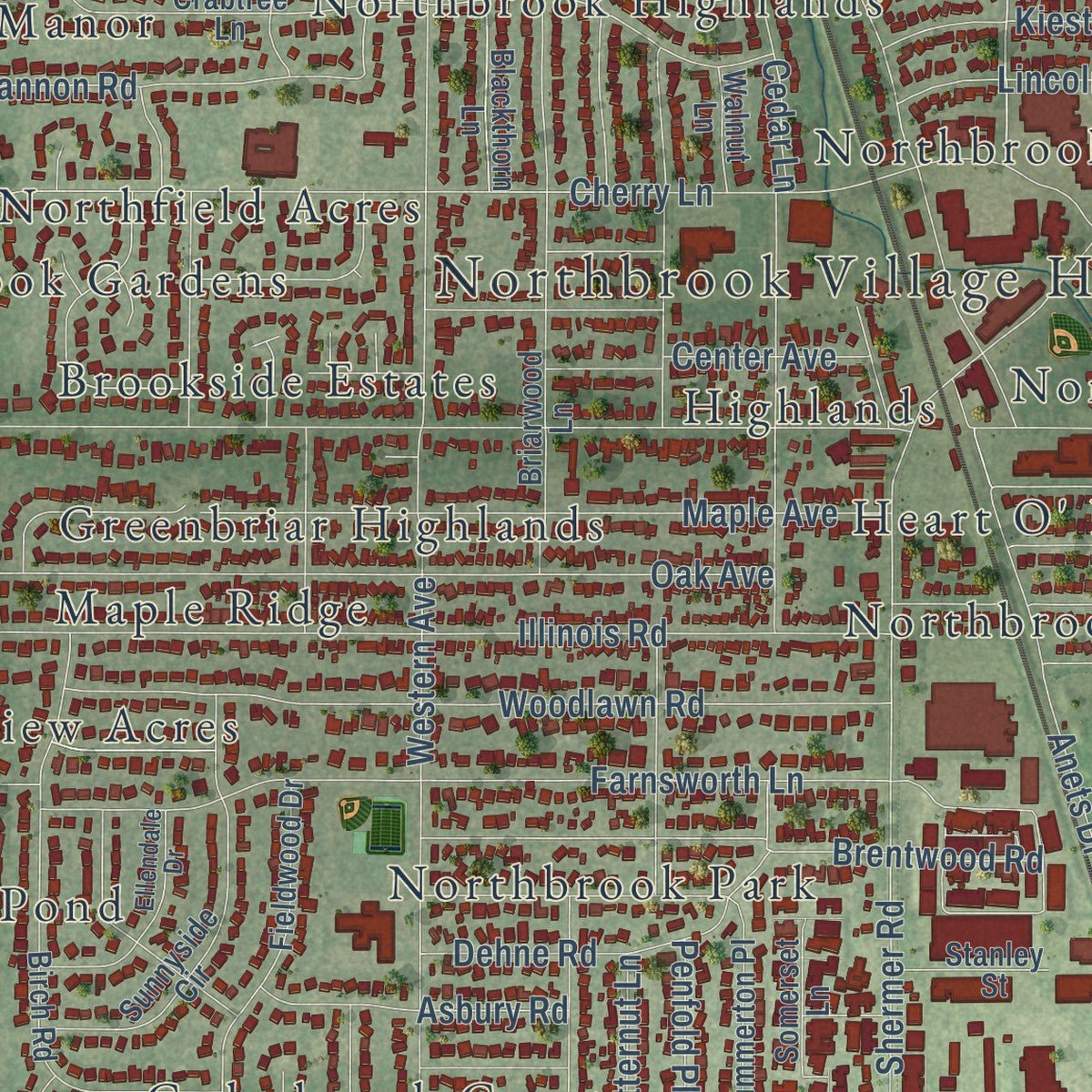 Close-up of the map of Northbrook, Illinois print showing street and building detail