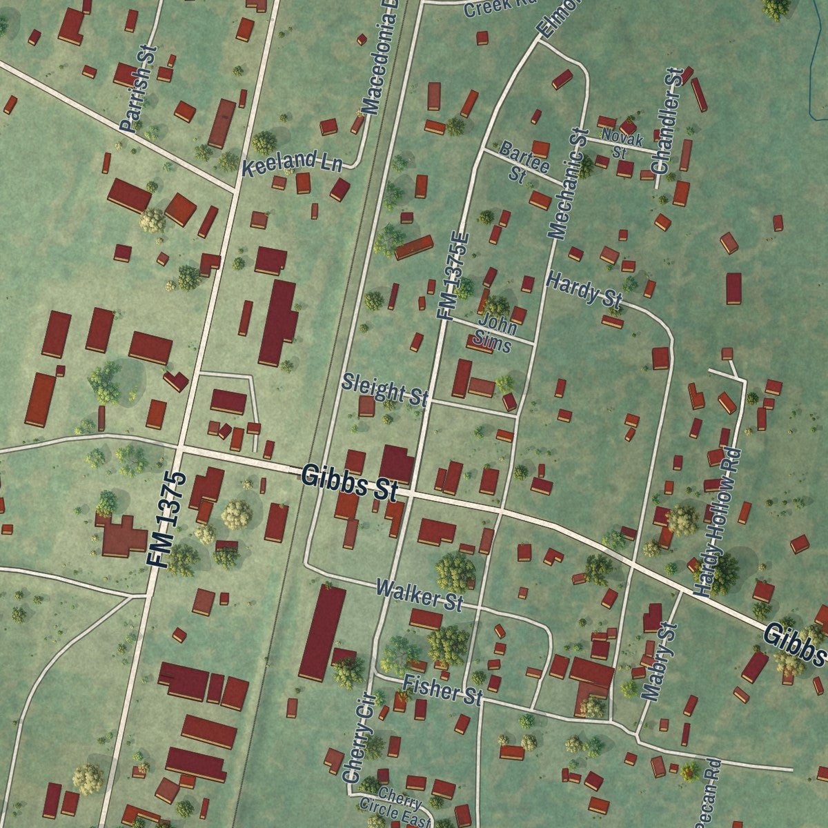 Close-up of the map of New Waverly, Texas print showing street and building detail