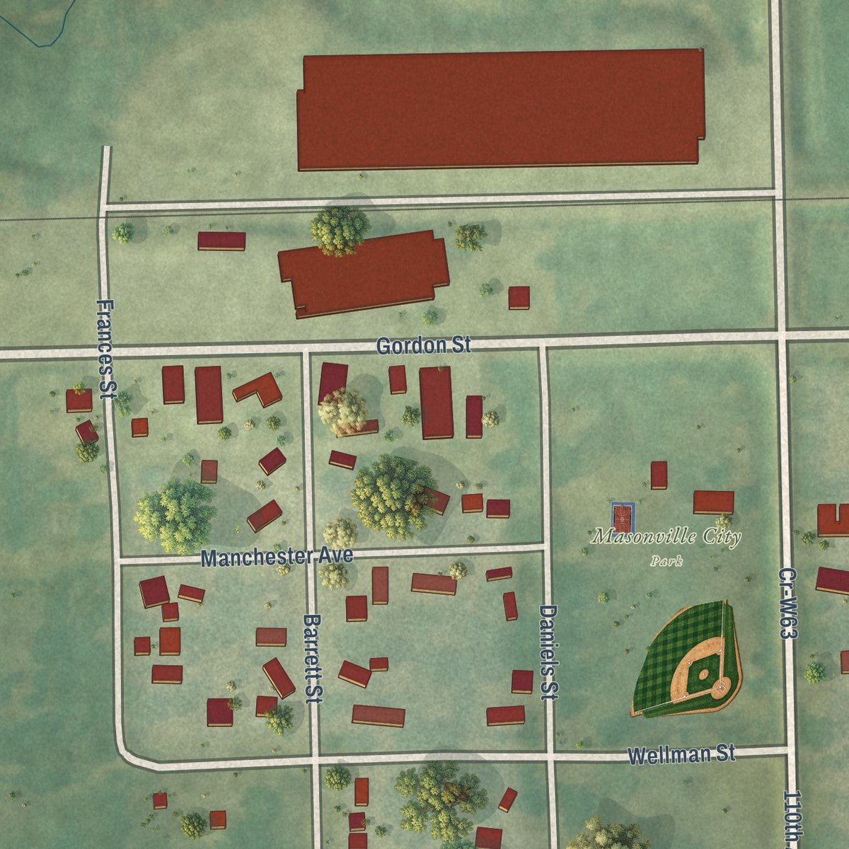 Close-up of the map of Masonville, Iowa print showing street and building detail