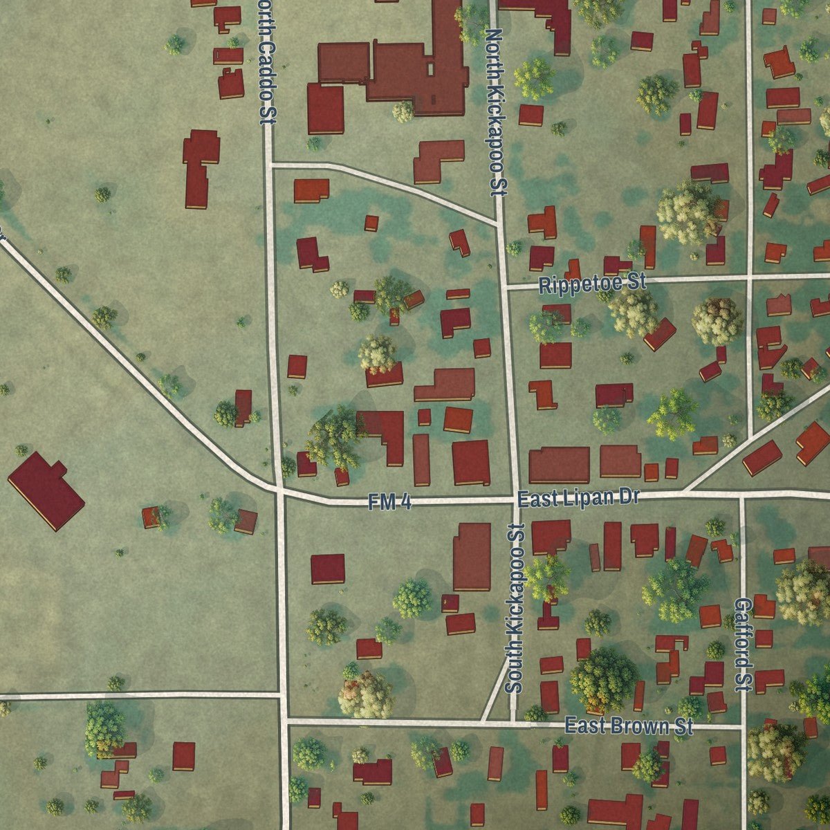 Close-up of the map of Lipan, Texas print showing street and building detail