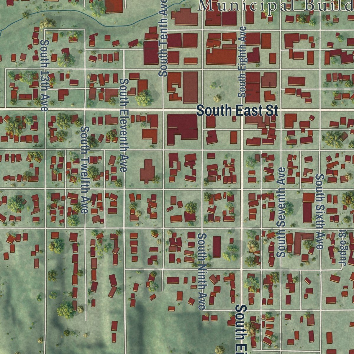 Close-up of the map of Broken Bow, Nebraska print showing street and building detail