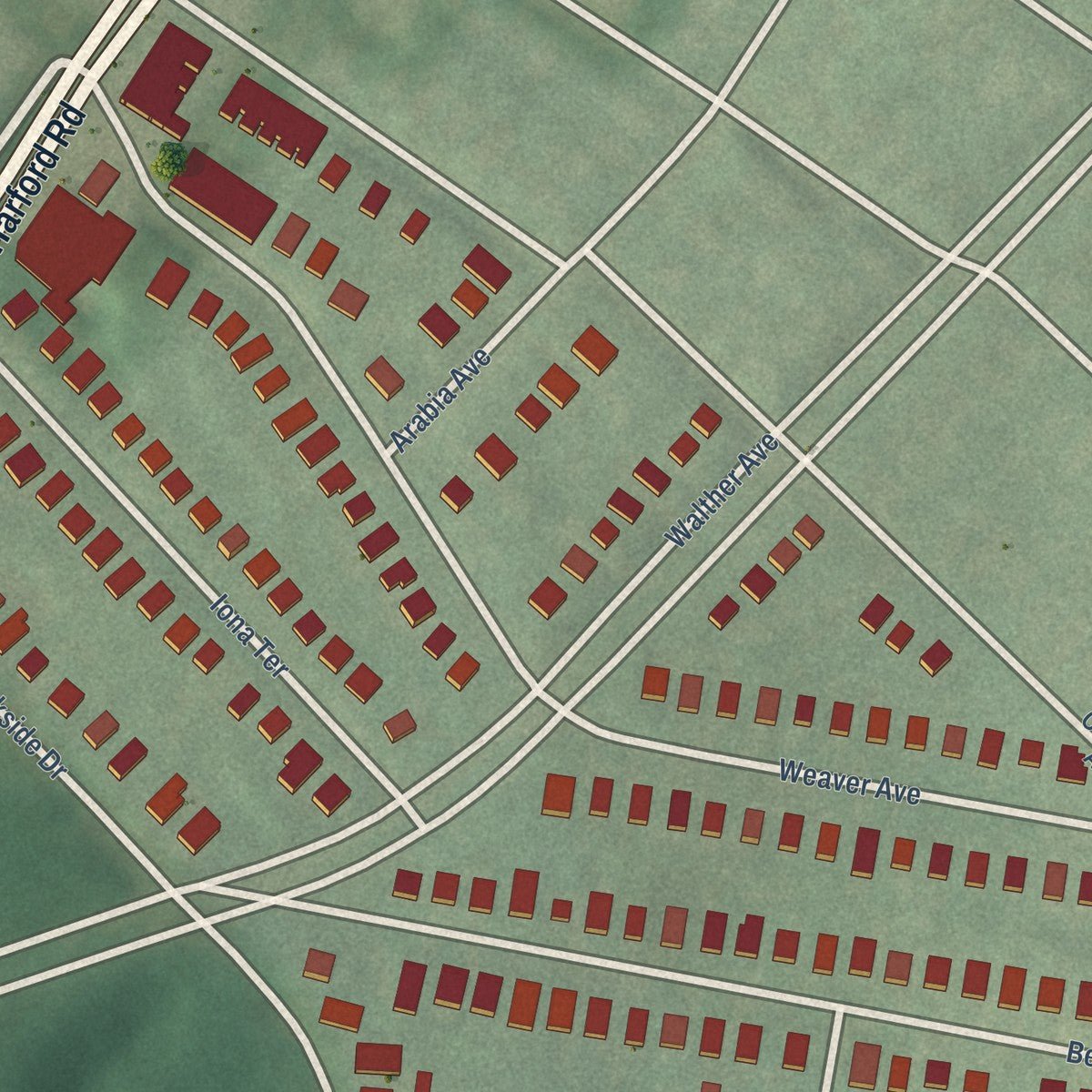 Close-up of the map of Arcadia, Maryland print showing street and building detail