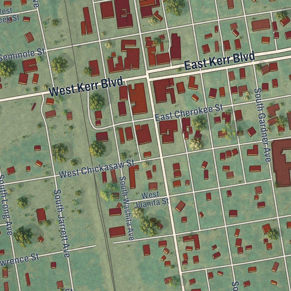 Close-up of the map of Wynnewood, Oklahoma print showing street and building detail
