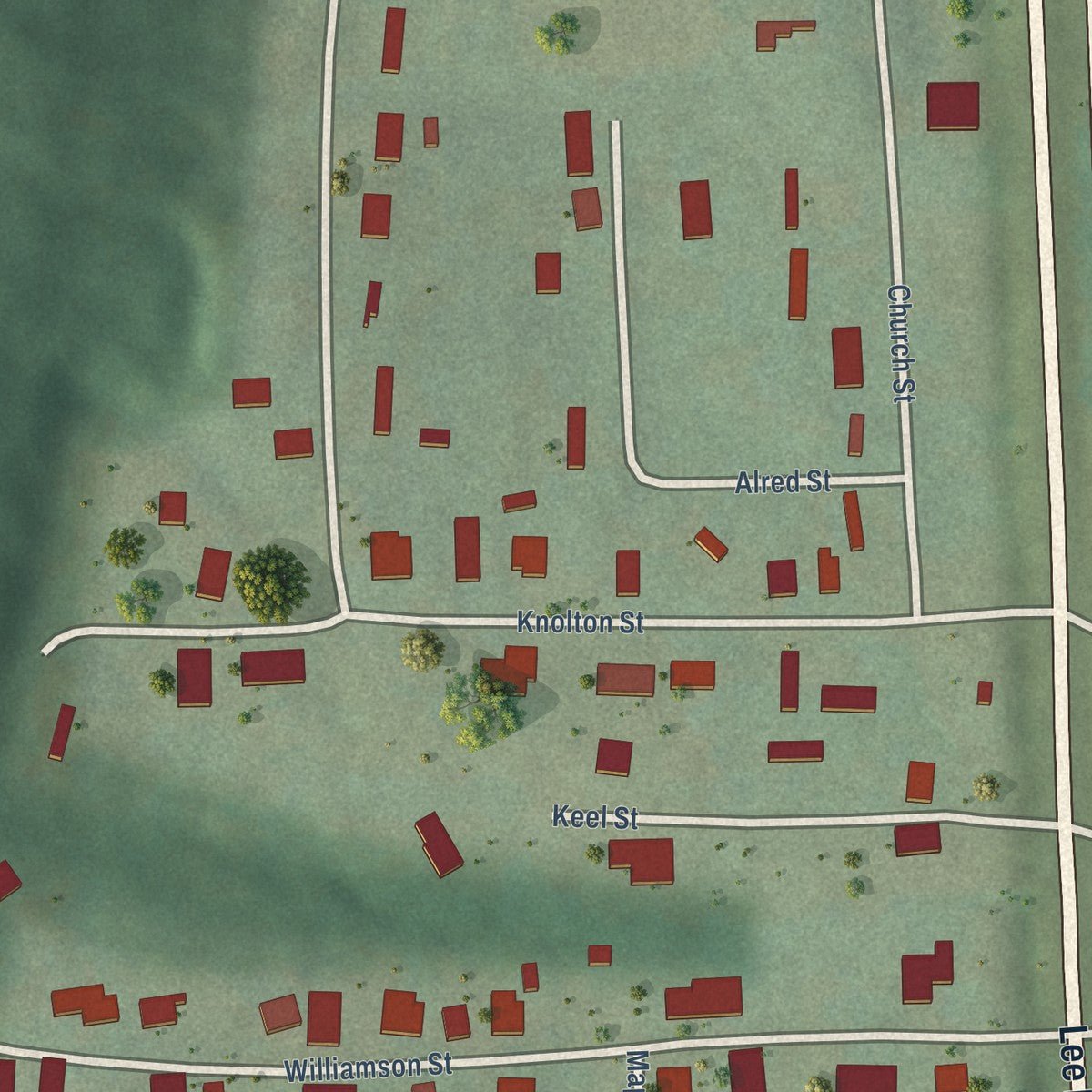 Close-up of the map of Paint Rock, Alabama print showing street and building detail