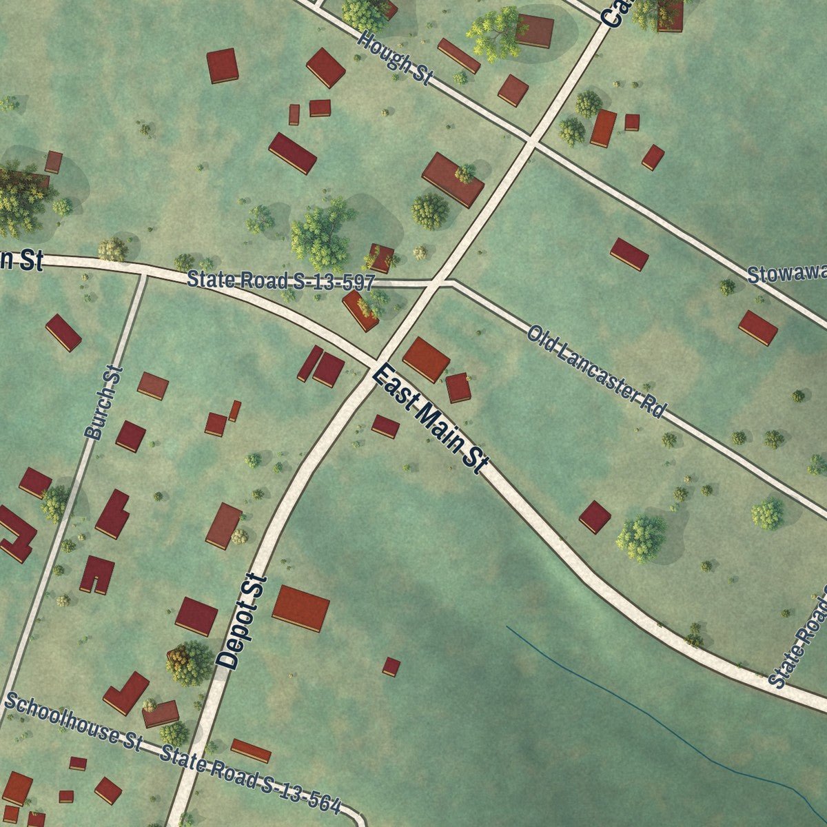Close-up of the map of Mount Croghan, South Carolina print showing street and building detail