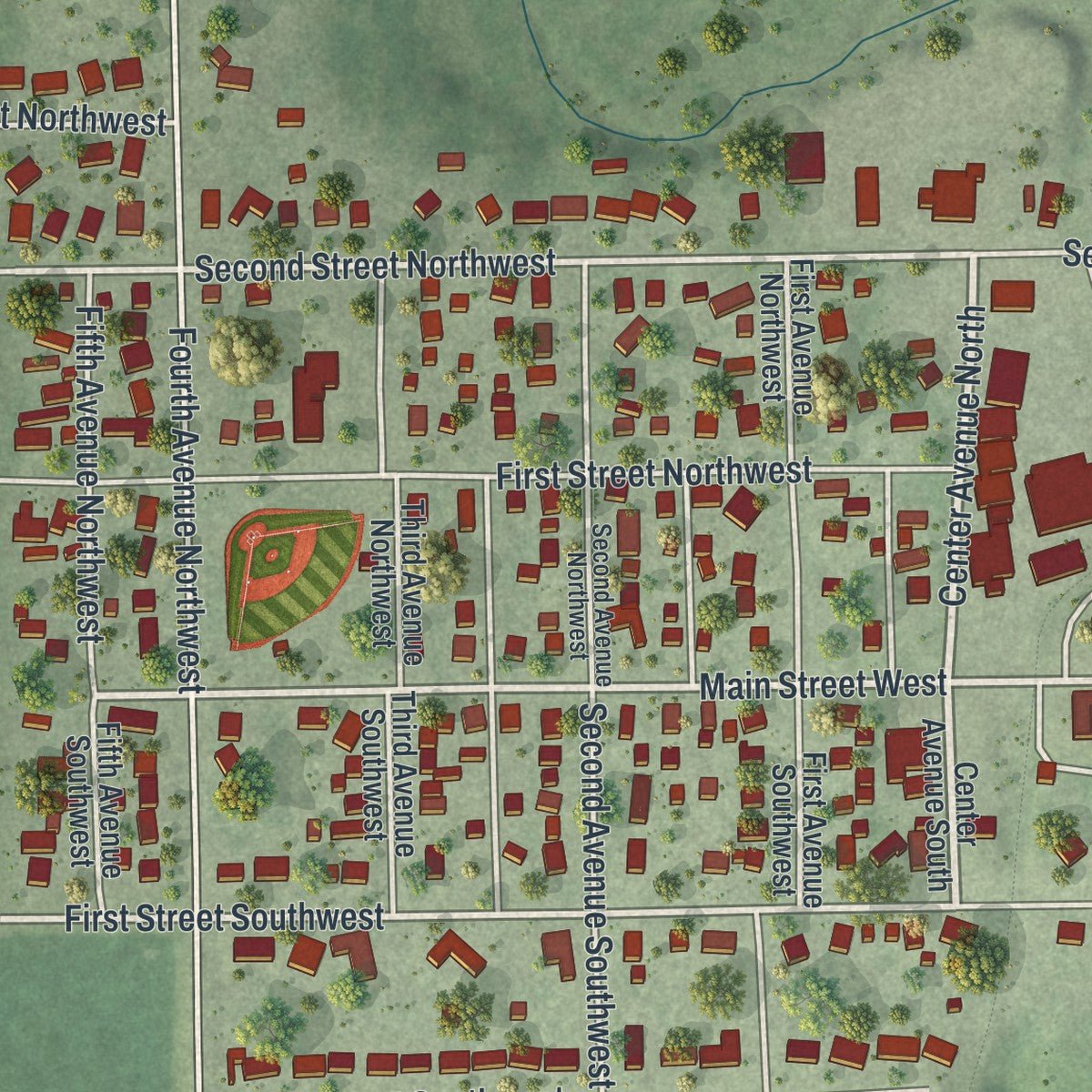 Close-up of the map of Elgin, Minnesota print showing street and building detail