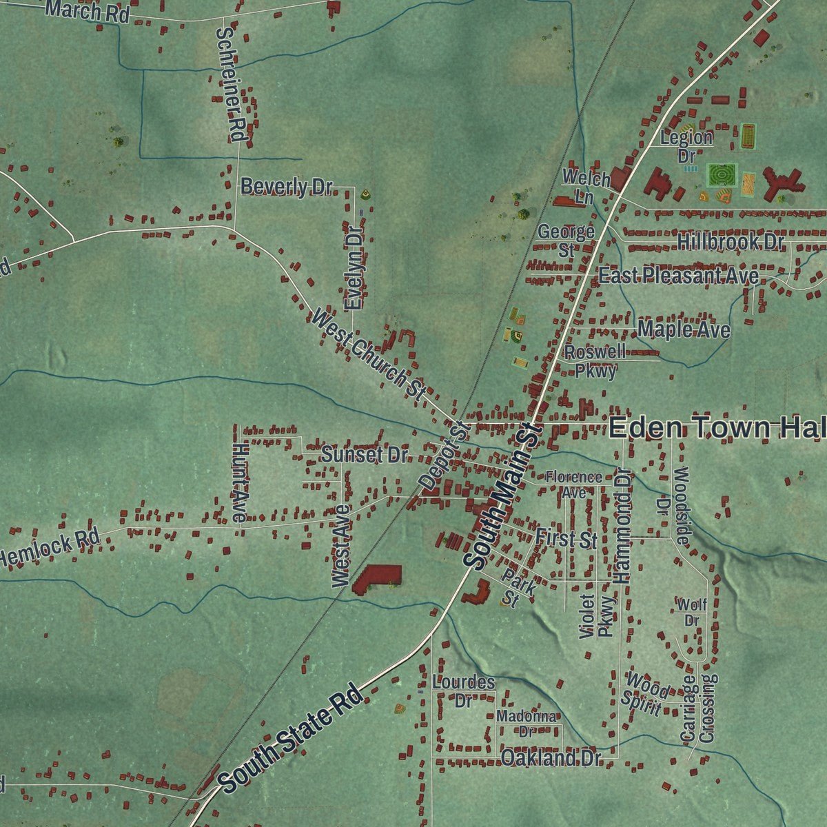Close-up of the map of Eden, New York print showing street and building detail
