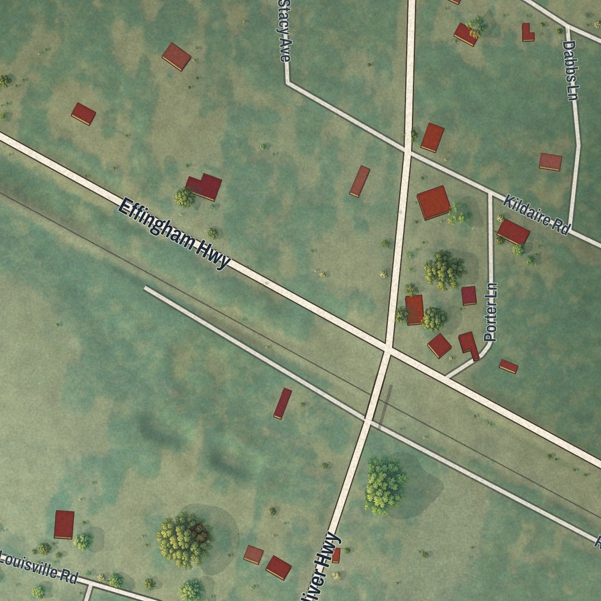 Close-up of the map of Oliver, Georgia print showing street and building detail