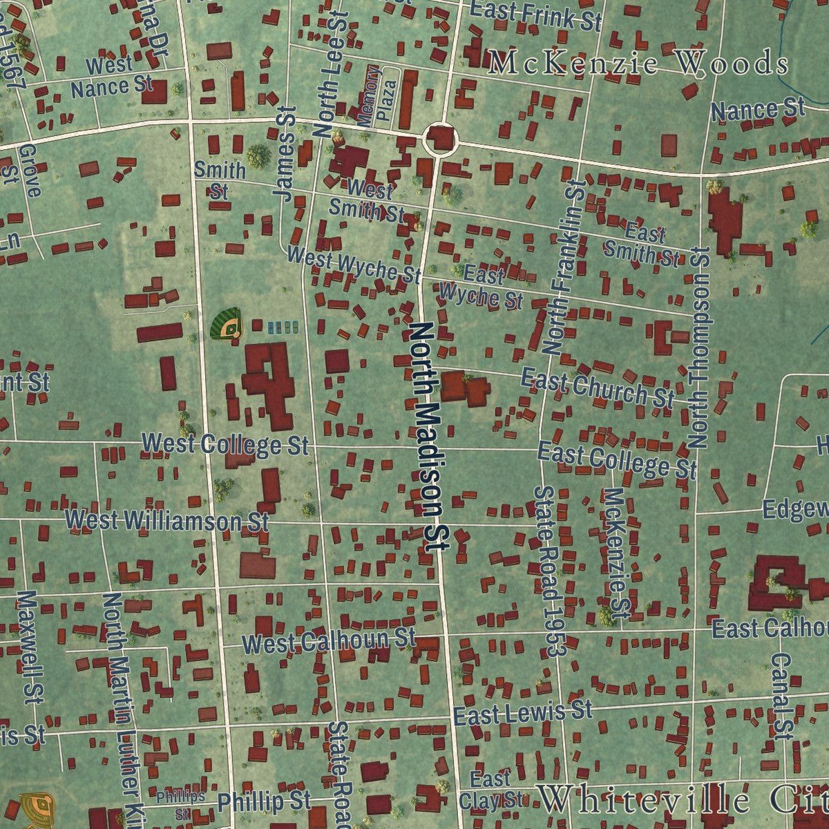 Close-up of the map of Whiteville, North Carolina print showing street and building detail