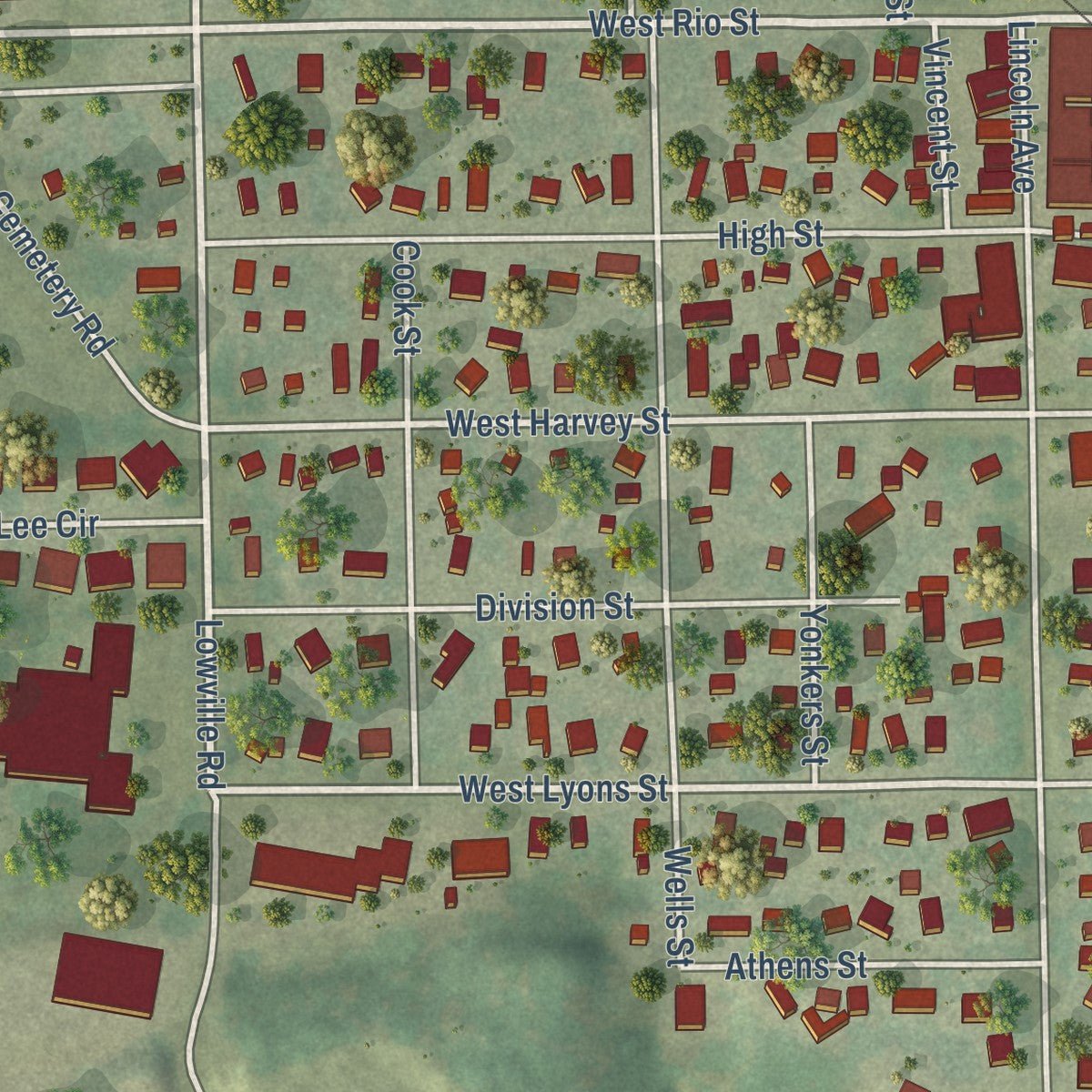 Close-up of the map of Rio, Wisconsin print showing street and building detail
