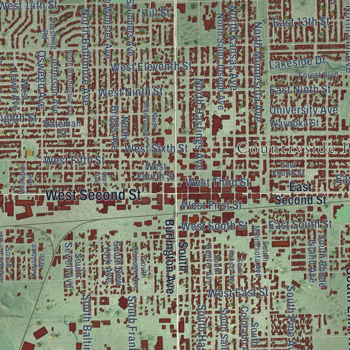 Close-up of the map of Hastings, Nebraska print showing street and building detail