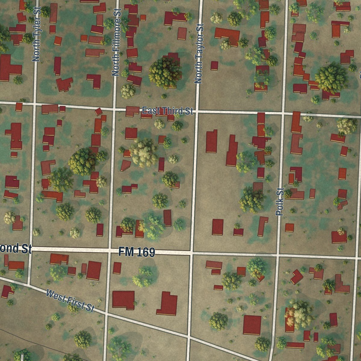 Close-up of the map of Whiteface, Texas print showing street and building detail