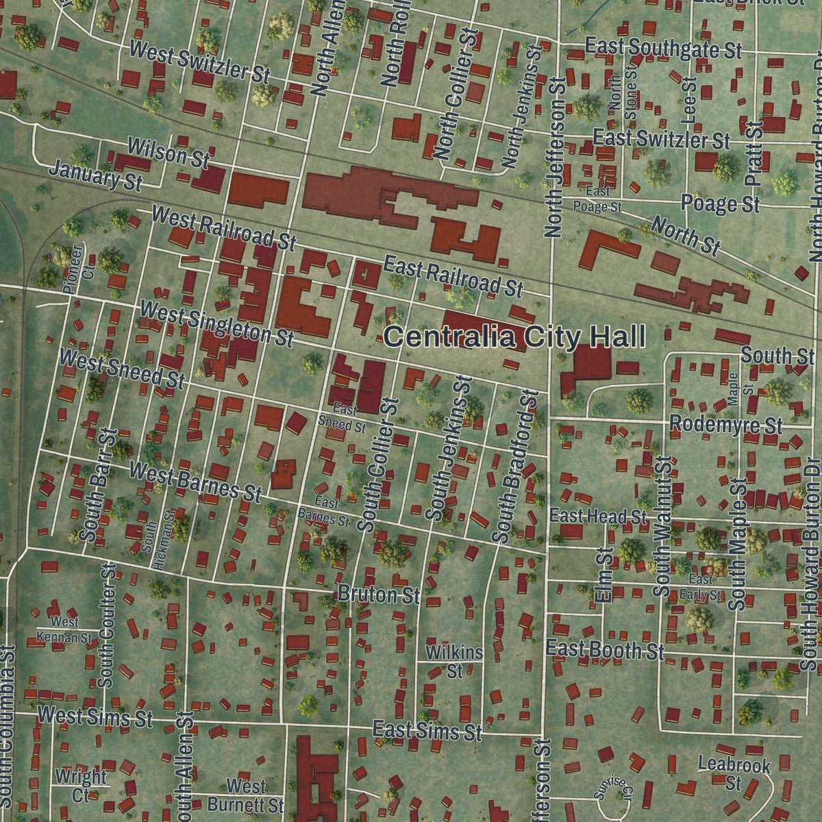 Close-up of the map of Centralia, Missouri print showing street and building detail
