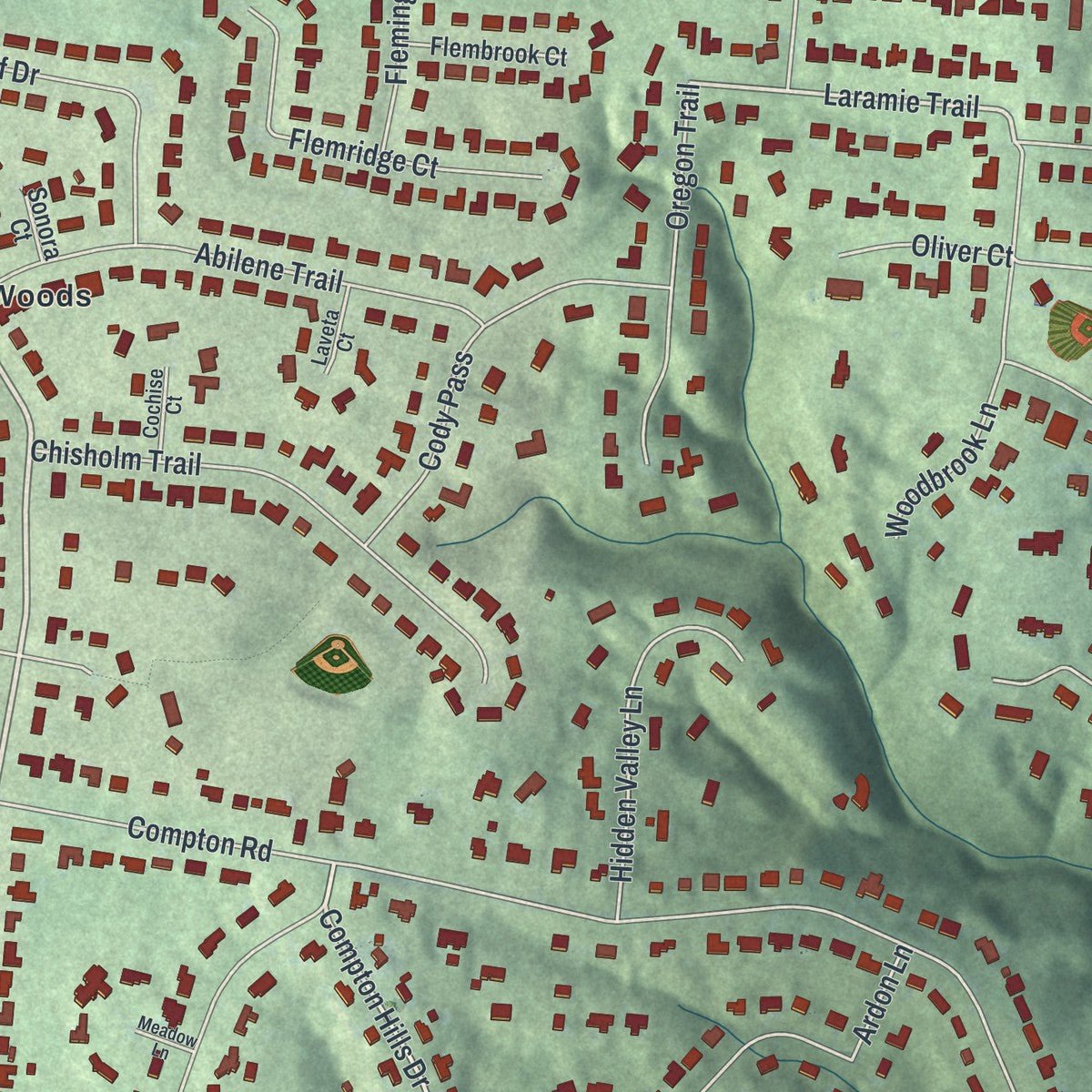 Close-up of the map of Wyoming, Ohio print showing street and building detail