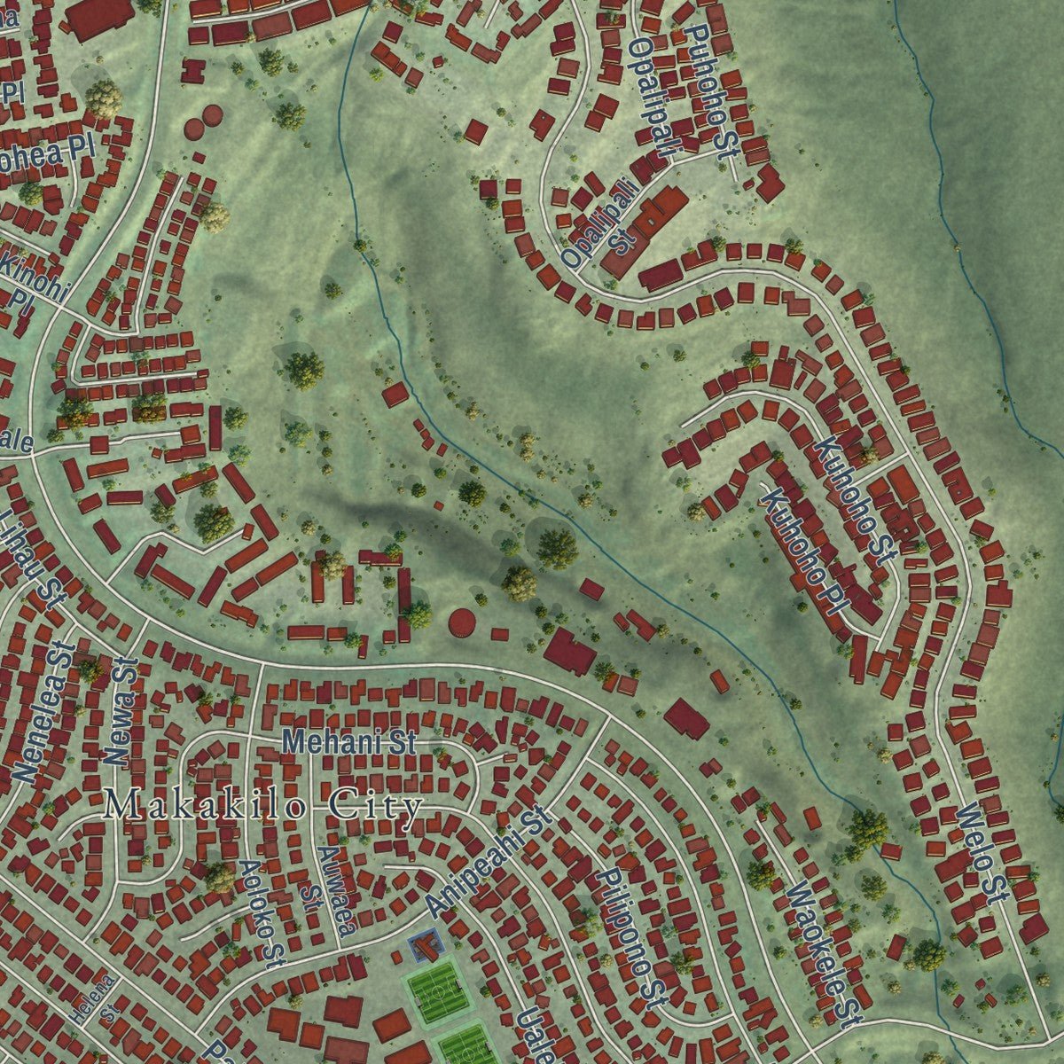 Close-up of the map of Makakilo, Hawaii print showing street and building detail