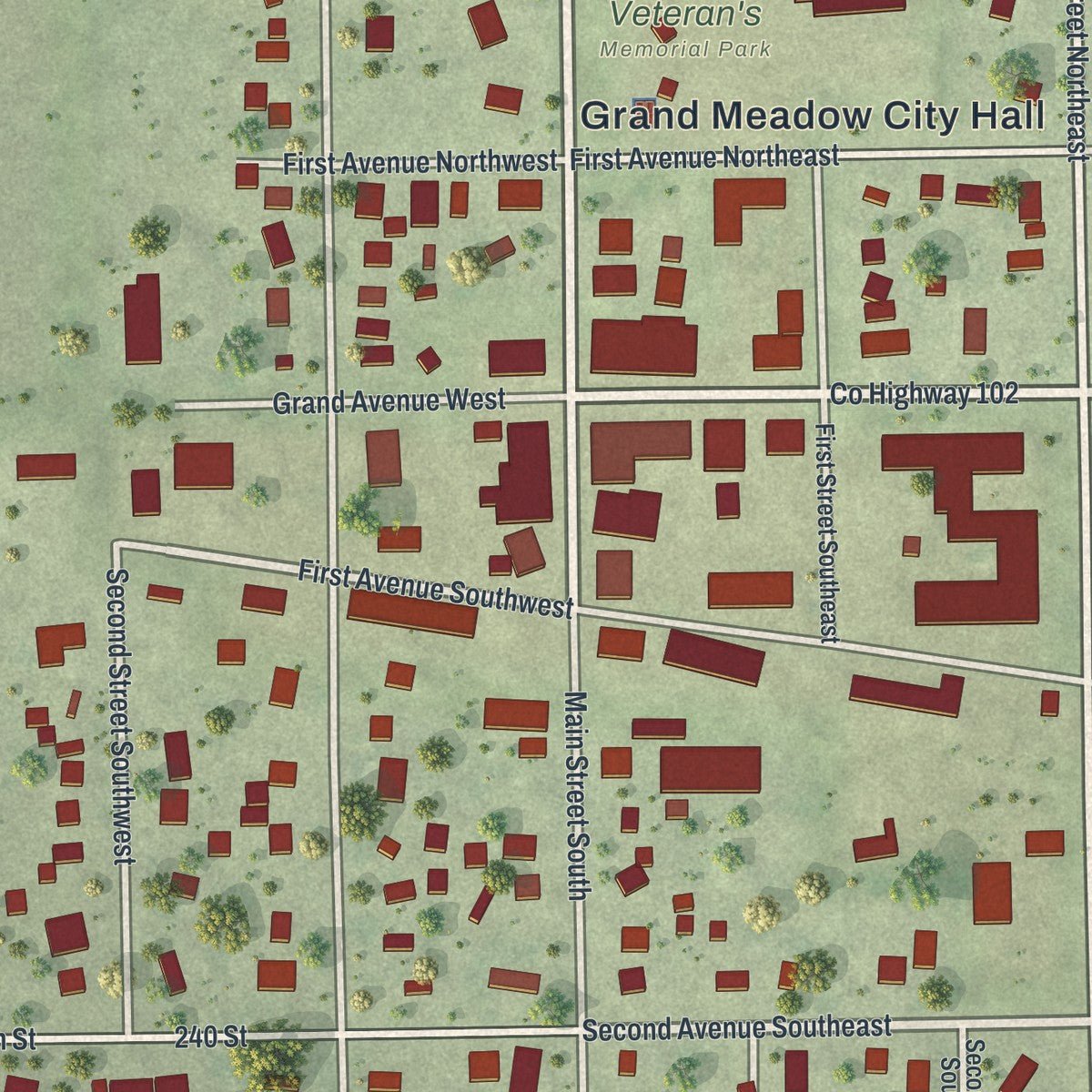 Close-up of the map of Grand Meadow, Minnesota print showing street and building detail