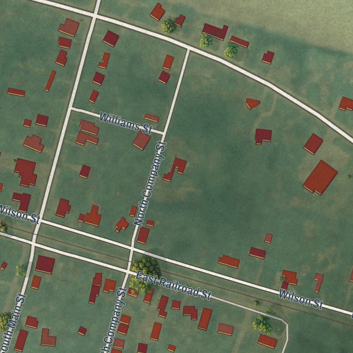 Close-up of the map of Dover, North Carolina print showing street and building detail
