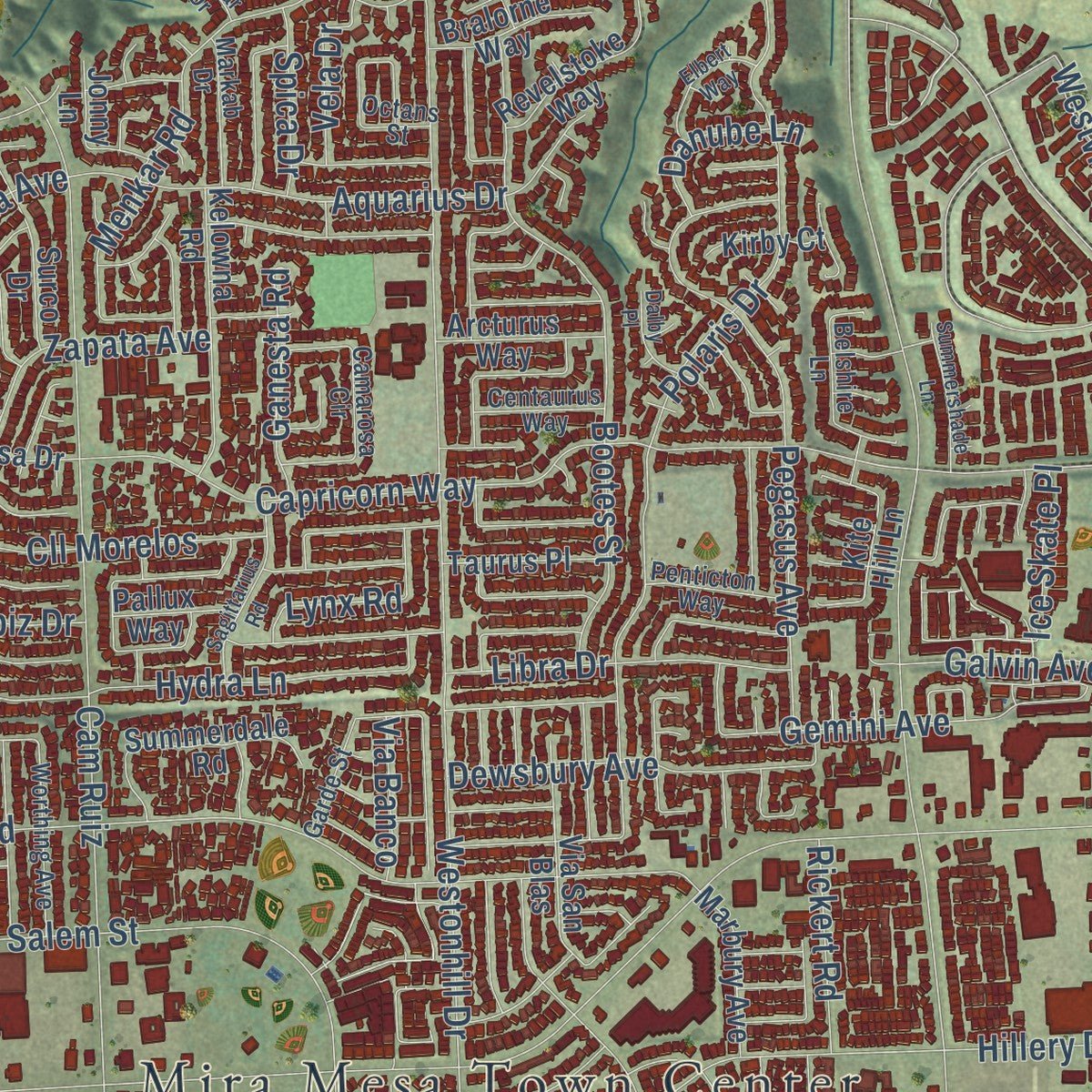 Close-up of the map of Mira Mesa, California print showing street and building detail