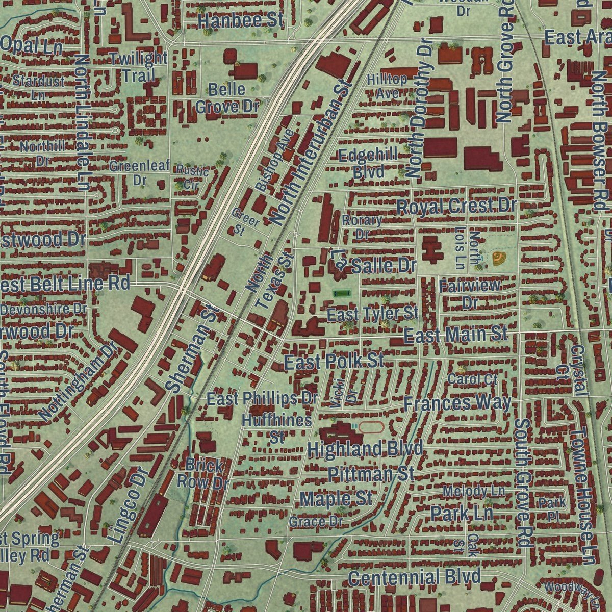 Close-up of the map of Richardson, Texas print showing street and building detail