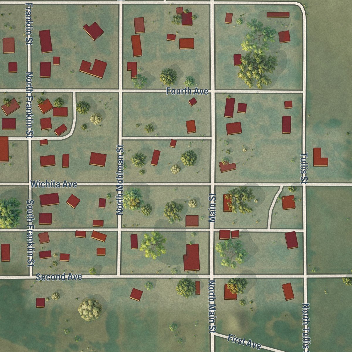 Close-up of the map of Lorraine, Kansas print showing street and building detail