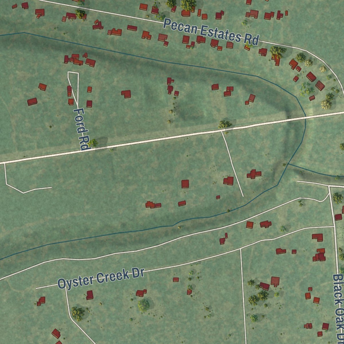 Close-up of the map of Bailey's Prairie, Texas print showing street and building detail