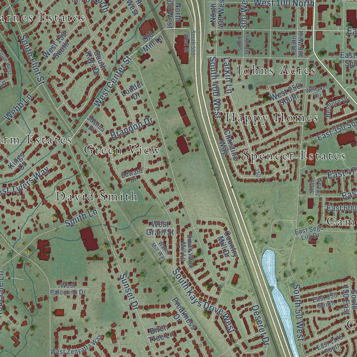 Close-up of the map of Kaysville, Utah print showing street and building detail