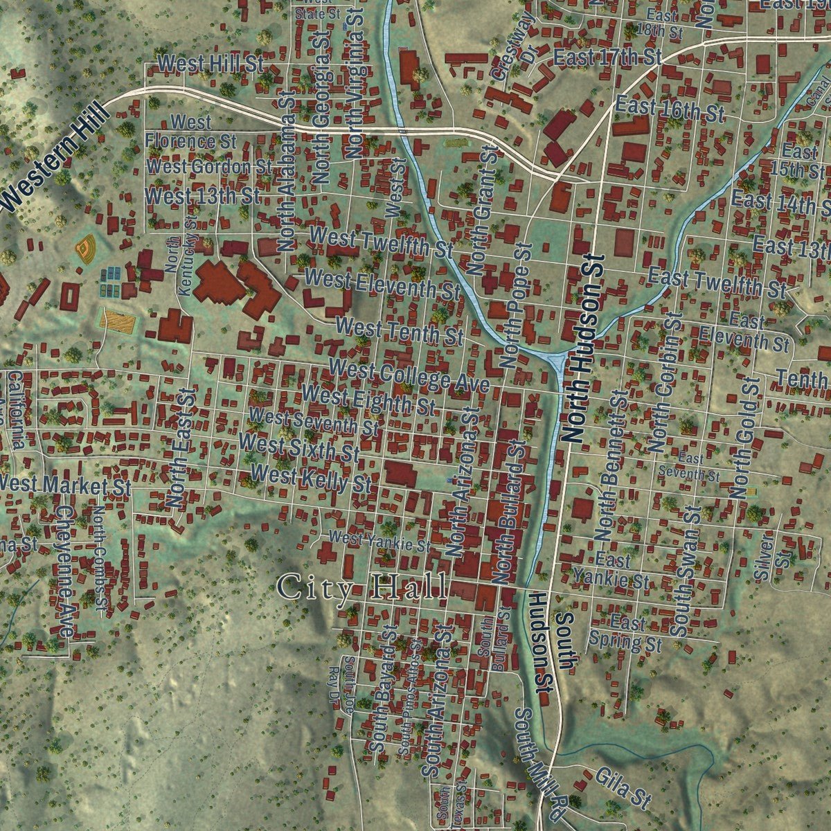 Close-up of the map of Silver City, New Mexico print showing street and building detail