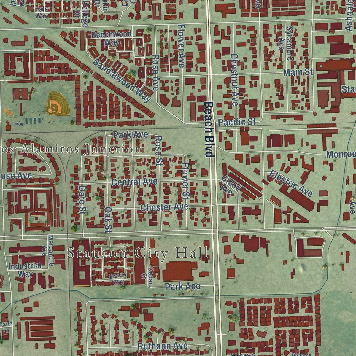Close-up of the map of Stanton, California print showing street and building detail