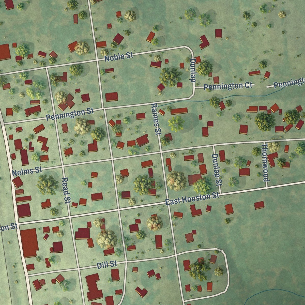 Close-up of the map of Lovelady, Texas print showing street and building detail