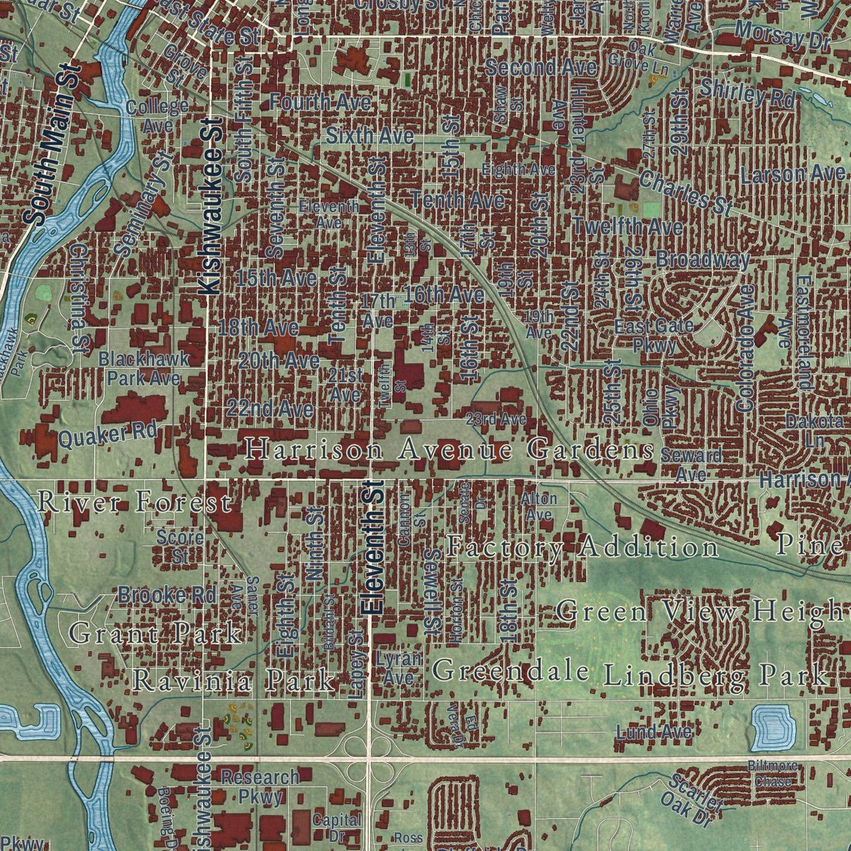 Close-up of the map of Rockford, Illinois print showing street and building detail