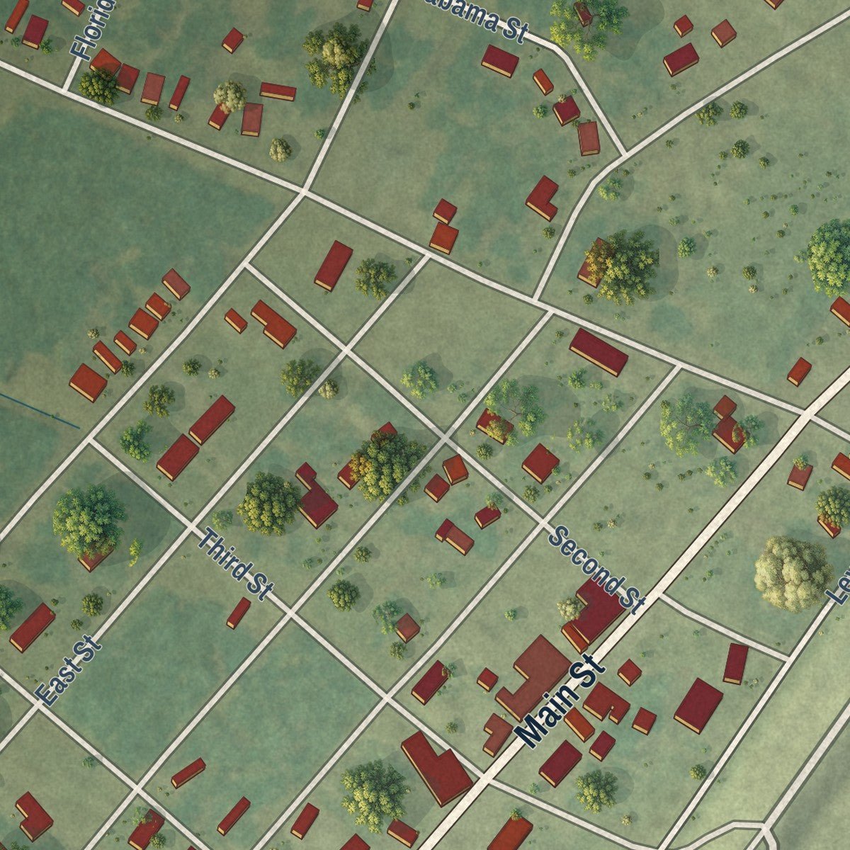 Close-up of the map of Waterproof, Louisiana print showing street and building detail