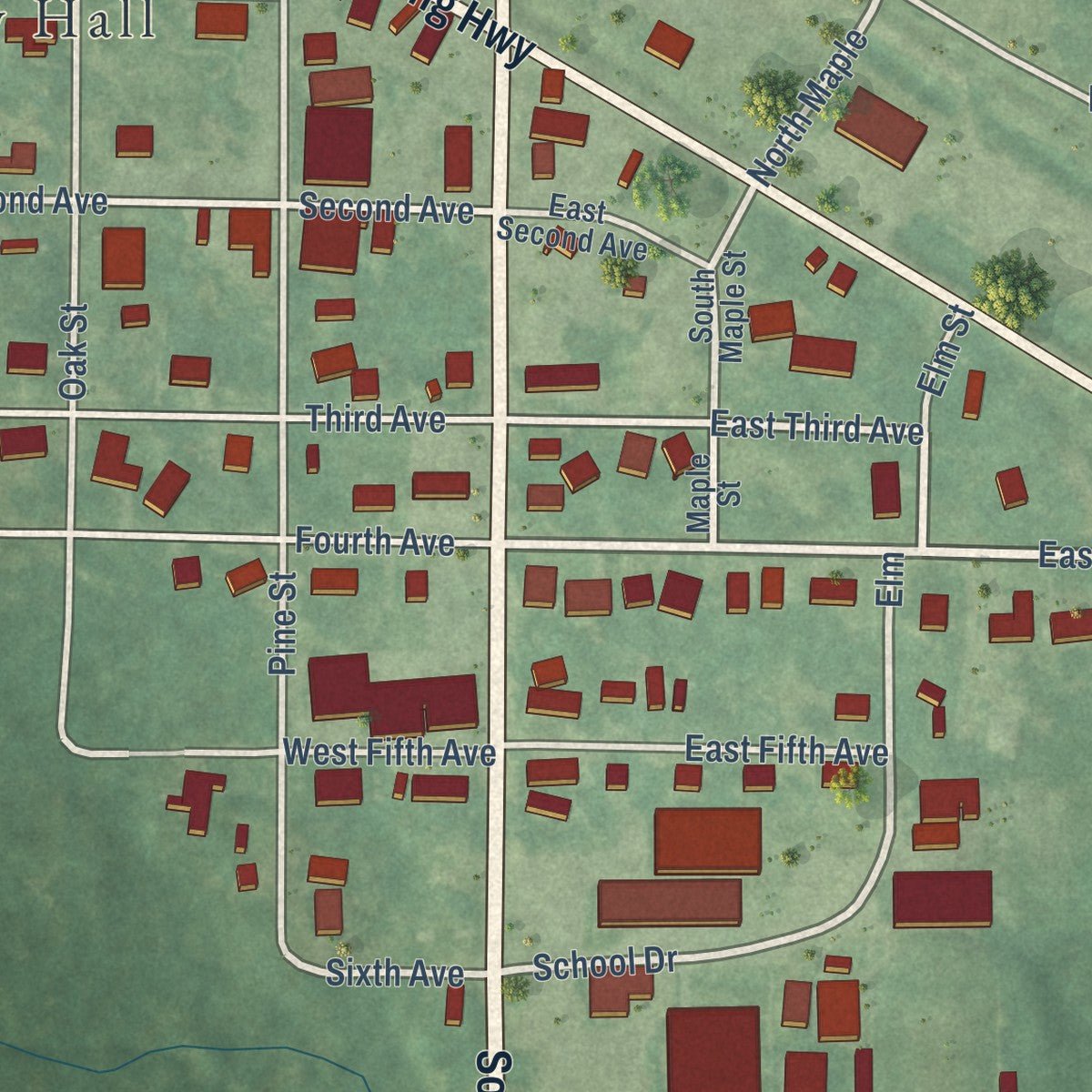 Close-up of the map of Strong, Arkansas print showing street and building detail