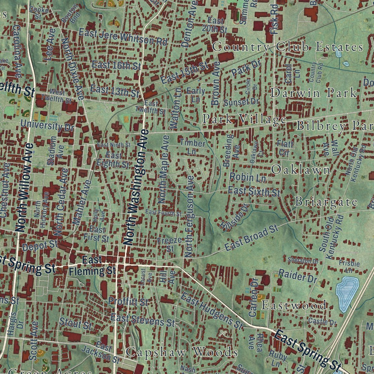 Close-up of the map of Cookeville, Tennessee print showing street and building detail
