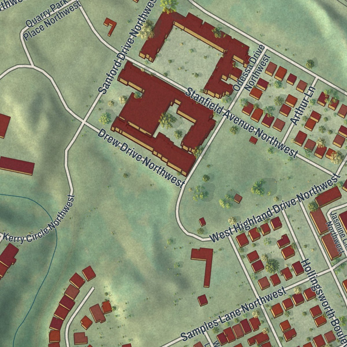 Close-up of the map of West Highlands, Georgia print showing street and building detail