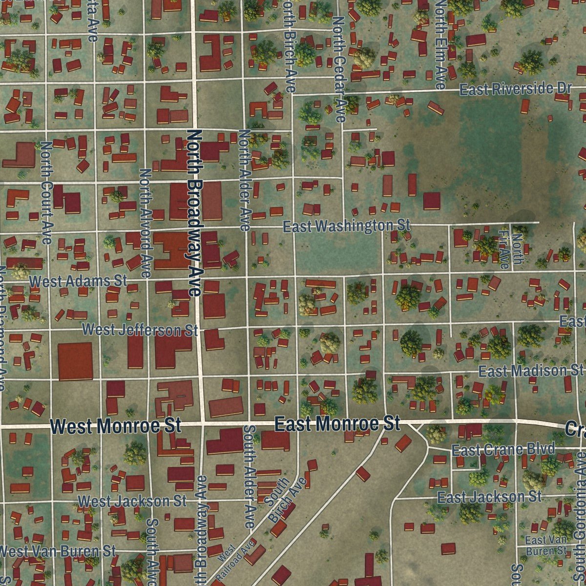 Close-up of the map of Burns, Oregon print showing street and building detail
