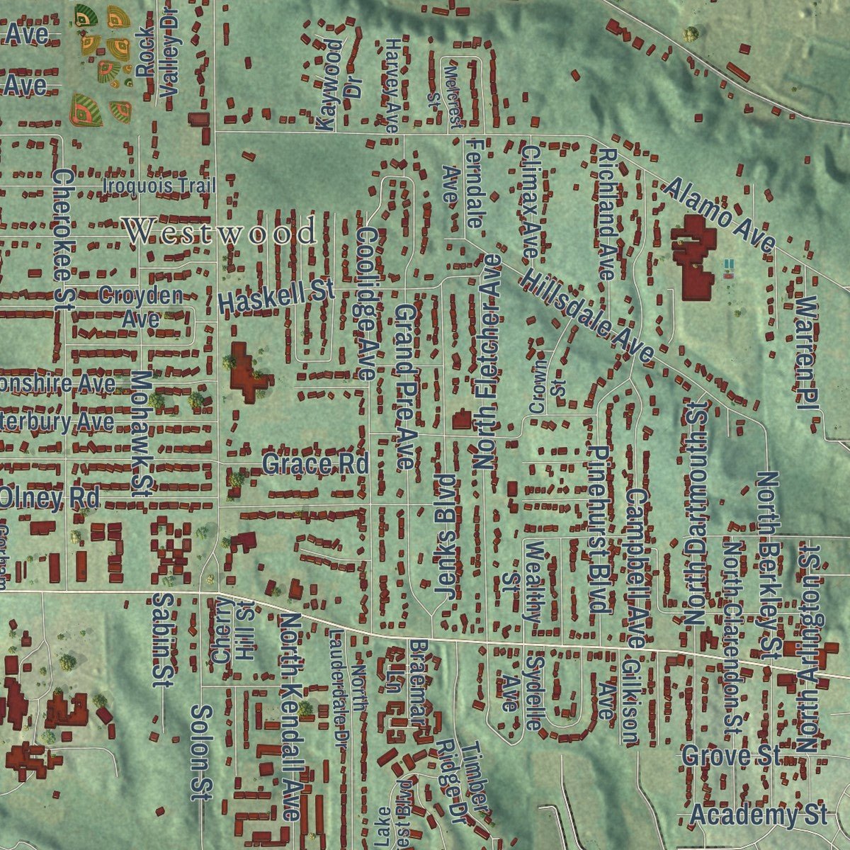 Close-up of the map of Kalamazoo, Kalamazoo County, Michigan print showing street and building detail
