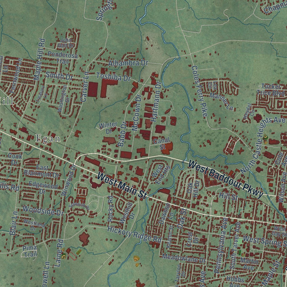 Close-up of the map of Lebanon, Tennessee print showing street and building detail