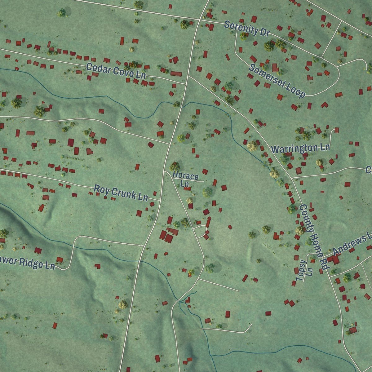 Close-up of the map of Olivet, Tennessee print showing street and building detail