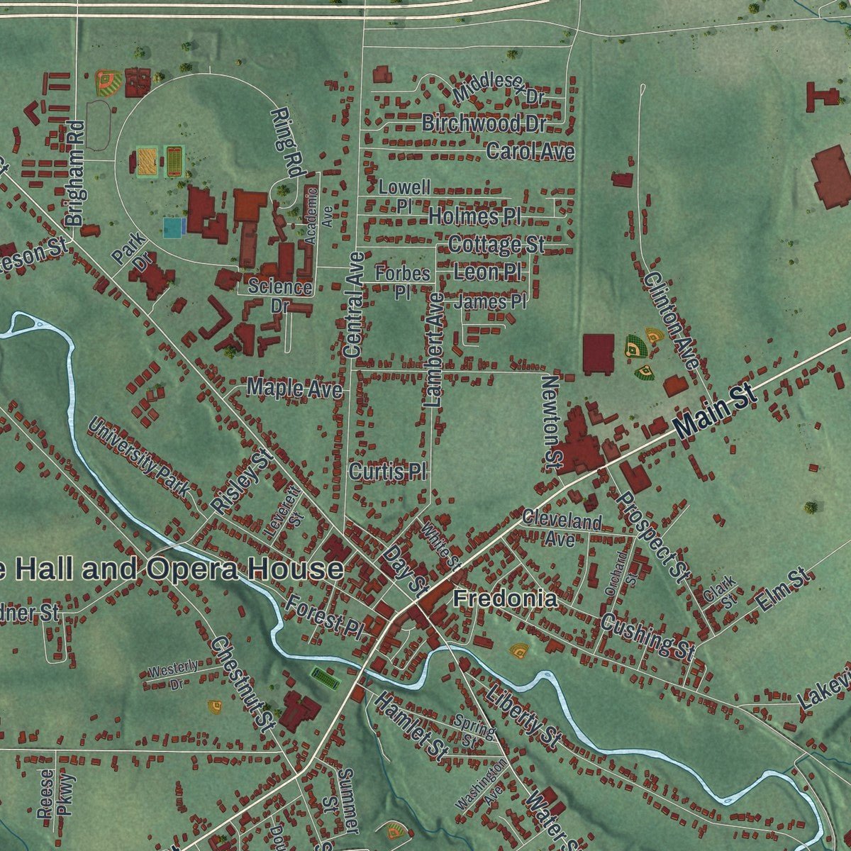 Close-up of the map of Pomfret, New York print showing street and building detail