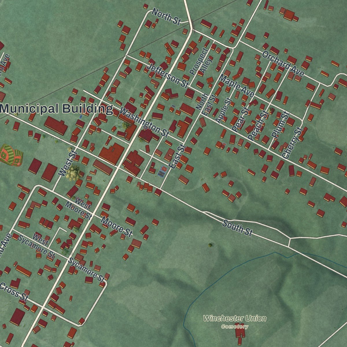 Close-up of the map of Winchester, Ohio print showing street and building detail