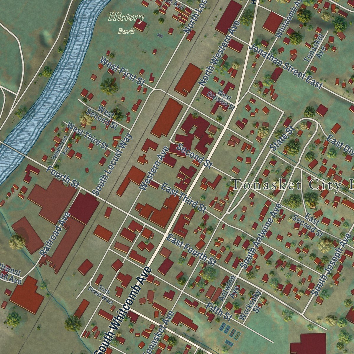 Close-up of the map of Tonasket, Washington print showing street and building detail