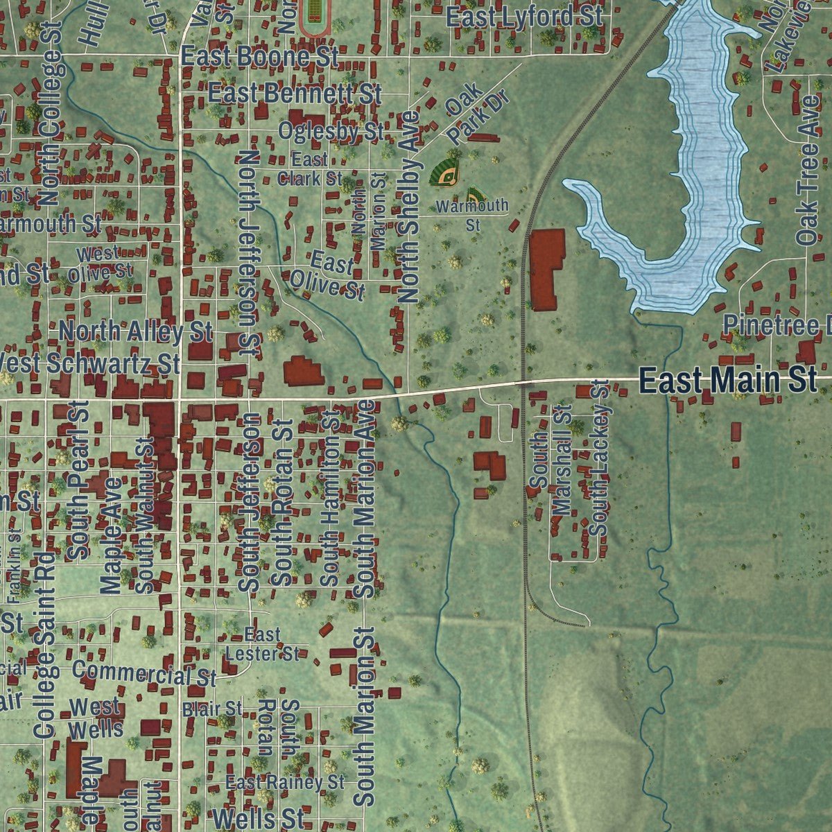 Close-up of the map of Salem, Illinois print showing street and building detail