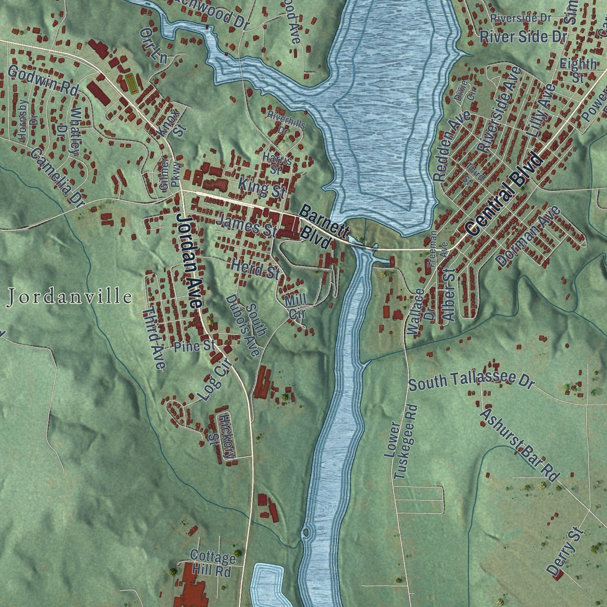 Close-up of the map of Tallassee, Alabama print showing street and building detail