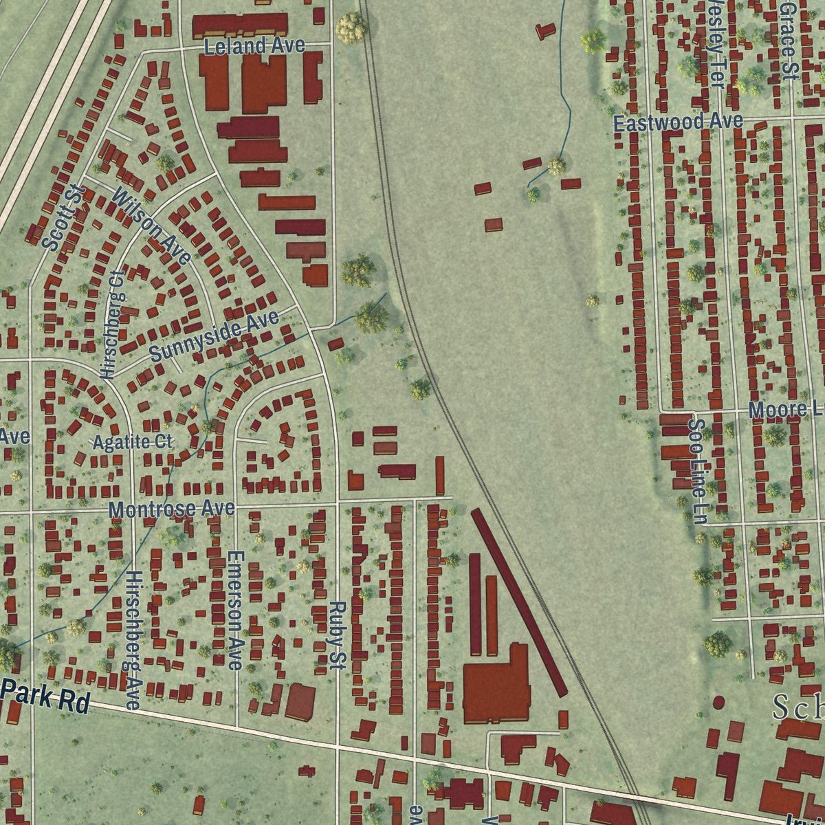 Close-up of the map of Schiller Park, Illinois print showing street and building detail