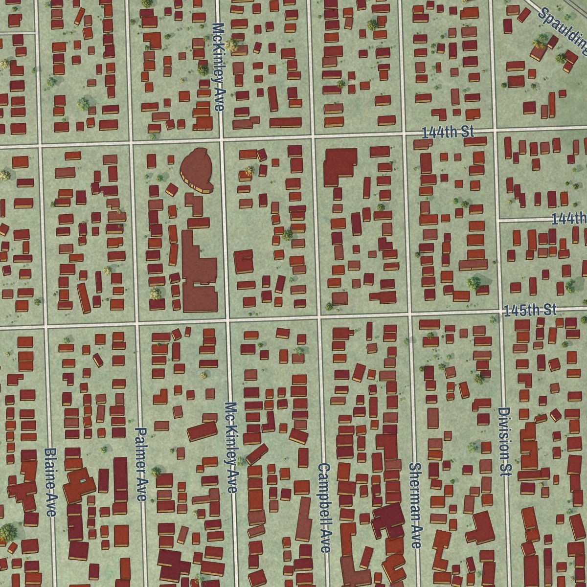 Close-up of the map of Posen, Illinois print showing street and building detail